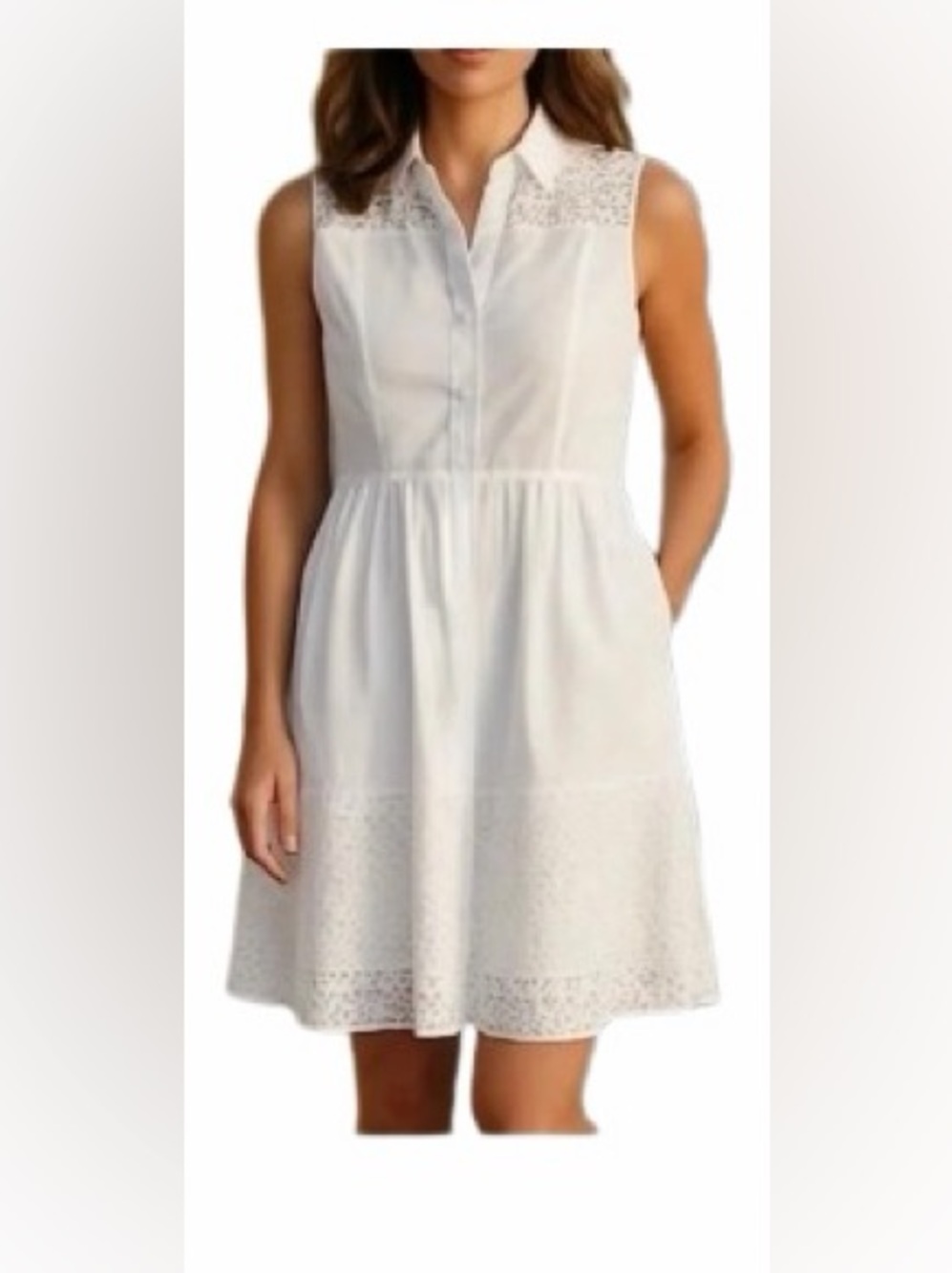 Ann Taylor Preppy Sleeveless Collared White Lace Eyelet Trim Shirt Dress